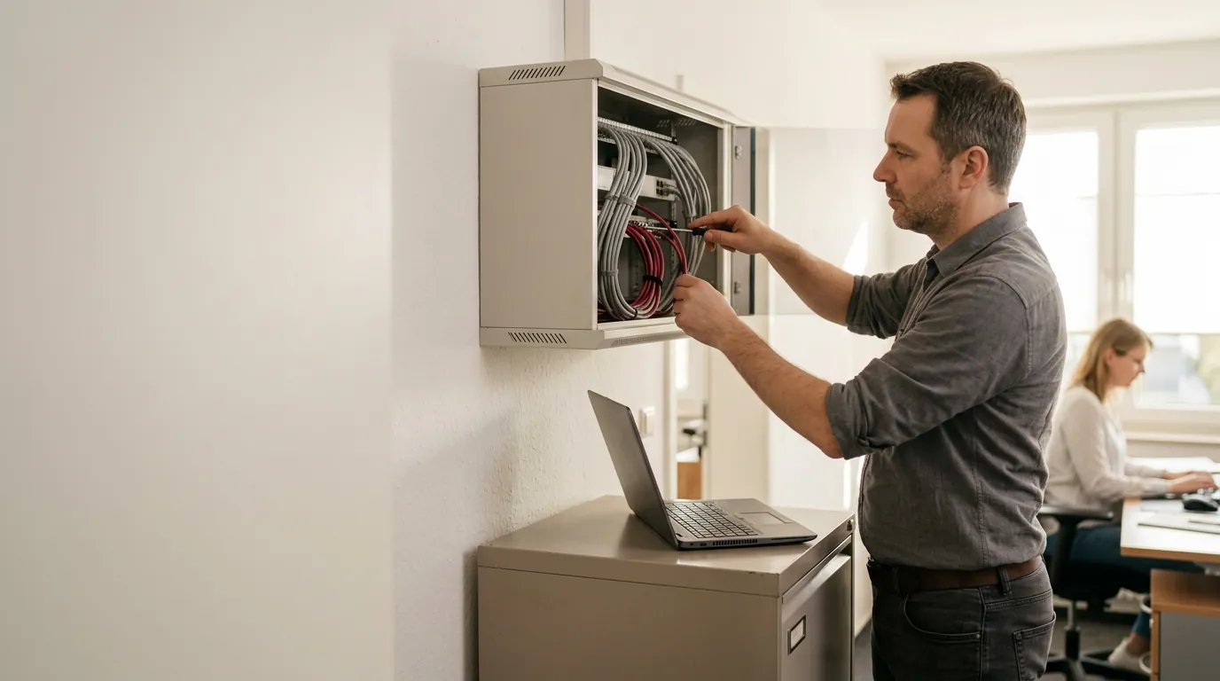 IT-Techniker prüft den Netzwerkschrank in einem kleinen Büro