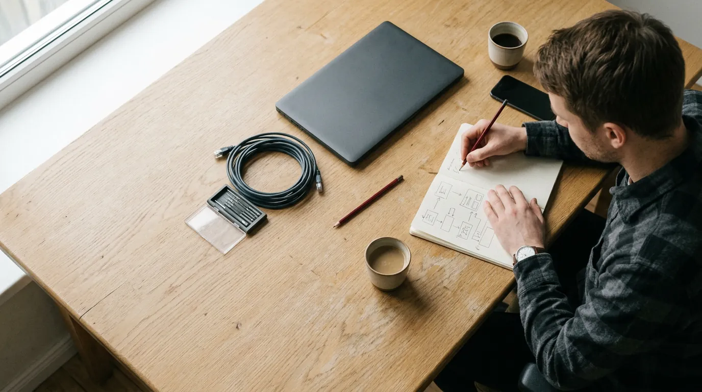Arbeitsplatz mit Laptop, Netzwerkkabel, Werkzeug und Notizbuch