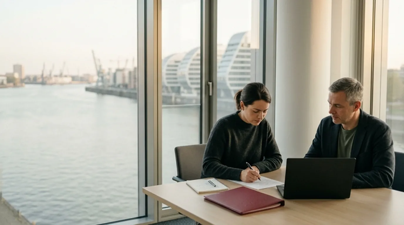 Webdesign Düsseldorf – Besprechung mit Blick auf den Rhein und das Hafenviertel
