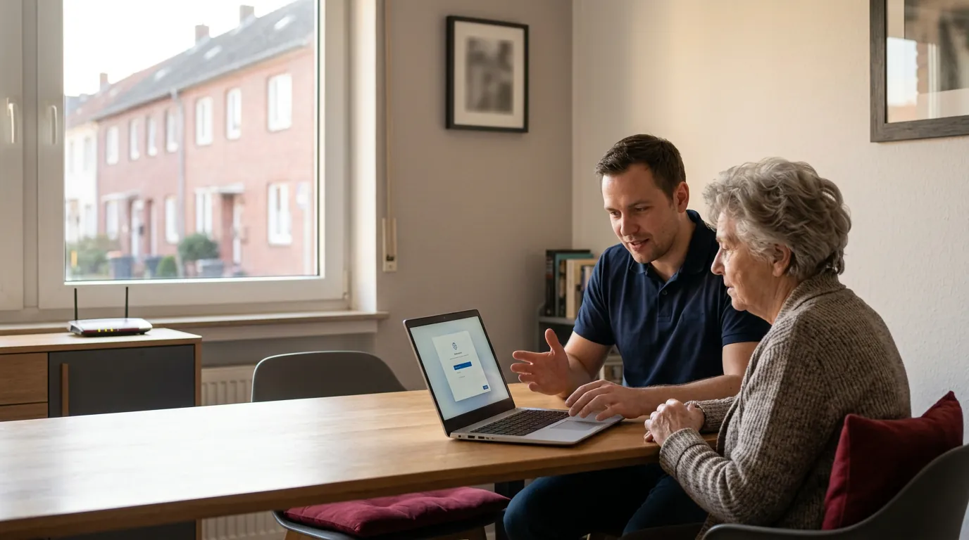 Techniker erklärt einer älteren Kundin am Esstisch ihren Laptop