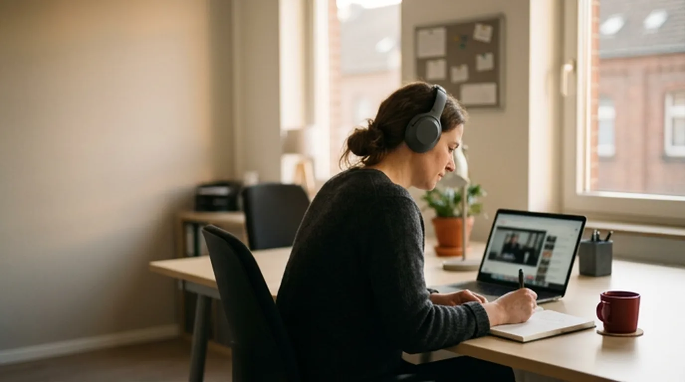 E-Learning im Unternehmen – Mitarbeiterin lernt mit Kopfhörern am Laptop