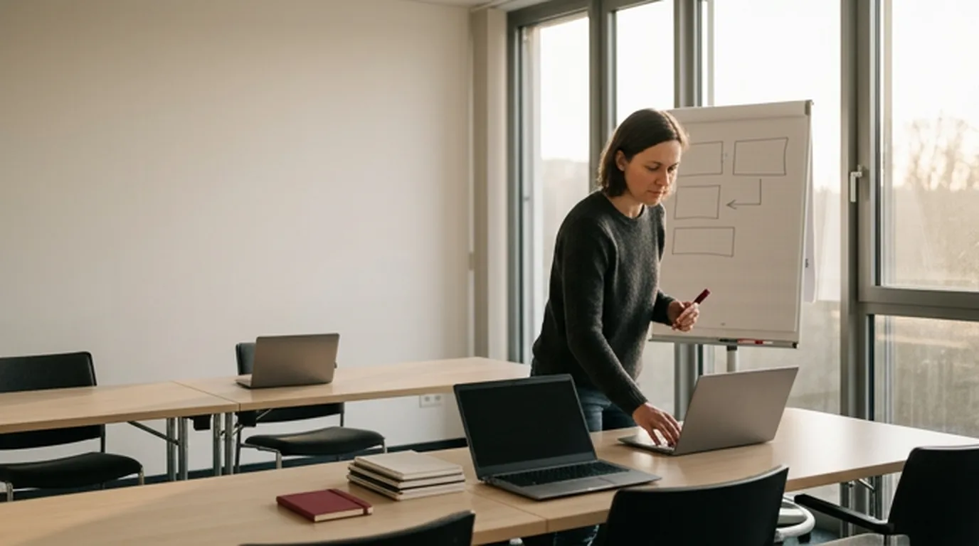 IT-Schulung planen – Trainerin bereitet den Seminarraum vor