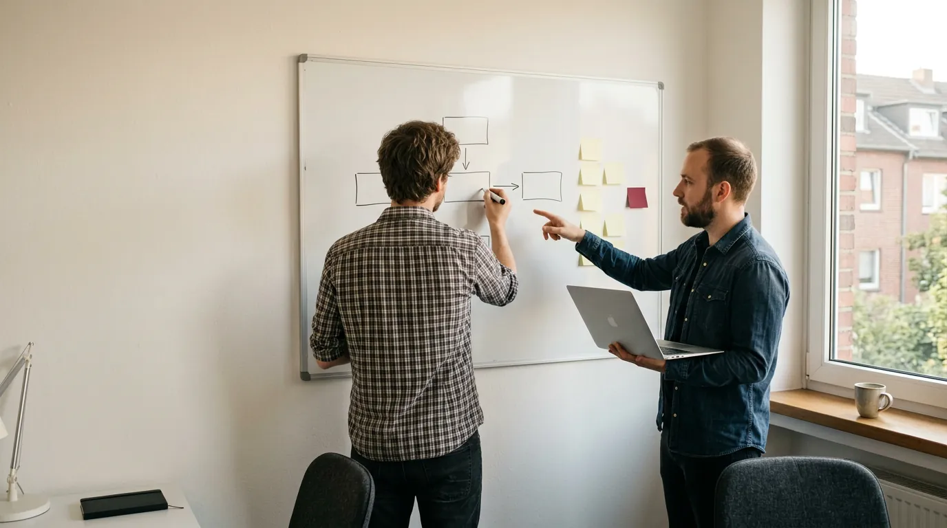 Zwei Entwickler skizzieren einen Ablauf am Whiteboard