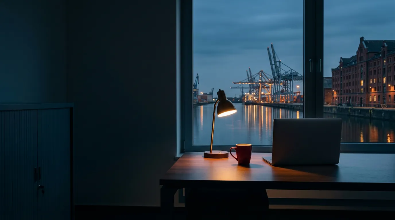 Abends im Büro mit Blick auf den Duisburger Hafen
